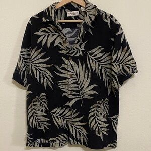 Caribbean silk blend  Black Shirt with Gray Palm Leaf Print
